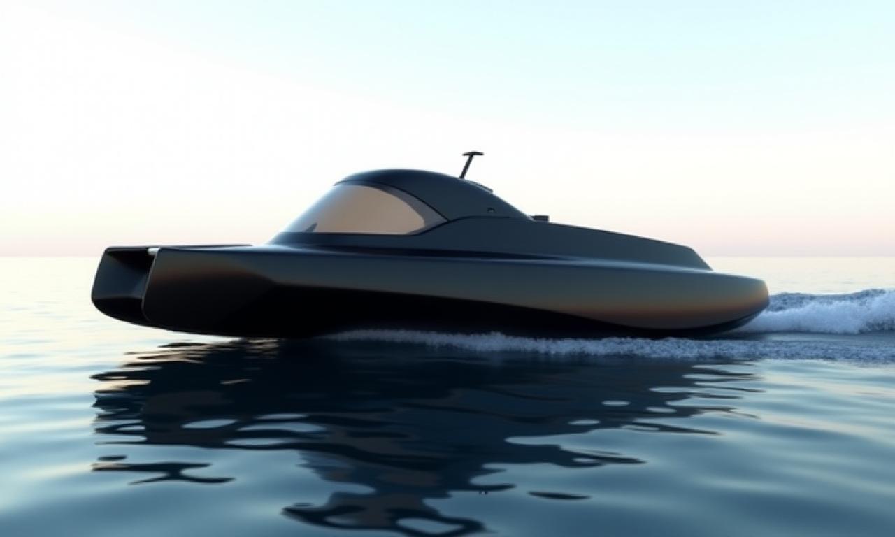 Sideprofil av Stormbringer X1, en slank, svart racerbåt.